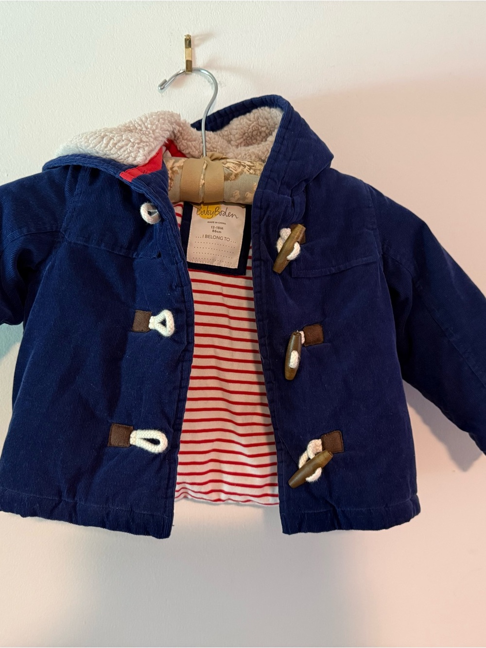 Baby Boden Navy Hooded Toggle Pea Coat with Red-Striped Lining